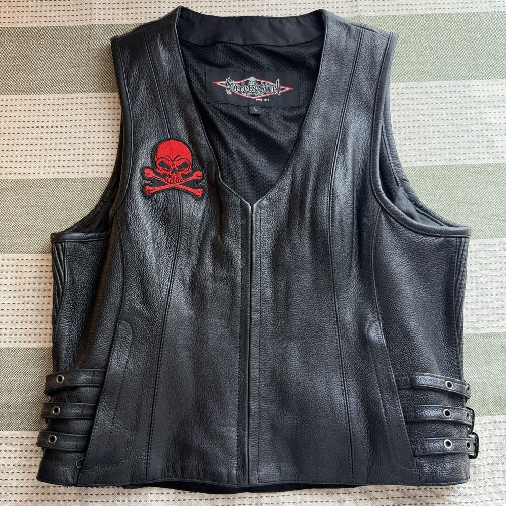 Street & Steel Black Leather Biker Vest Zip Up Women’s L